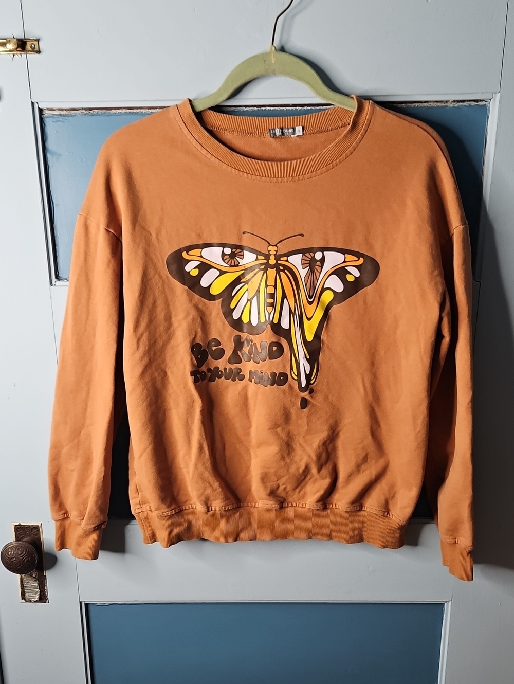 Earthbound Trading Be Kind Butterfly Crewneck Sweatshirt- Rustic Orange Small